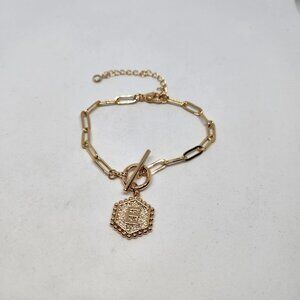 Initial Bracelet E Bar Lock And Hook Clasp Rose Gold Tone Hexagon Charm